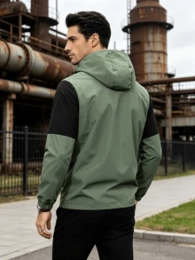 Jaket Lengan Panjang Kasual Pria Ukuran Besar dengan Resleting dan Desain Blok Warna untuk Sehari-hari - Hijau Tentara - View 2
