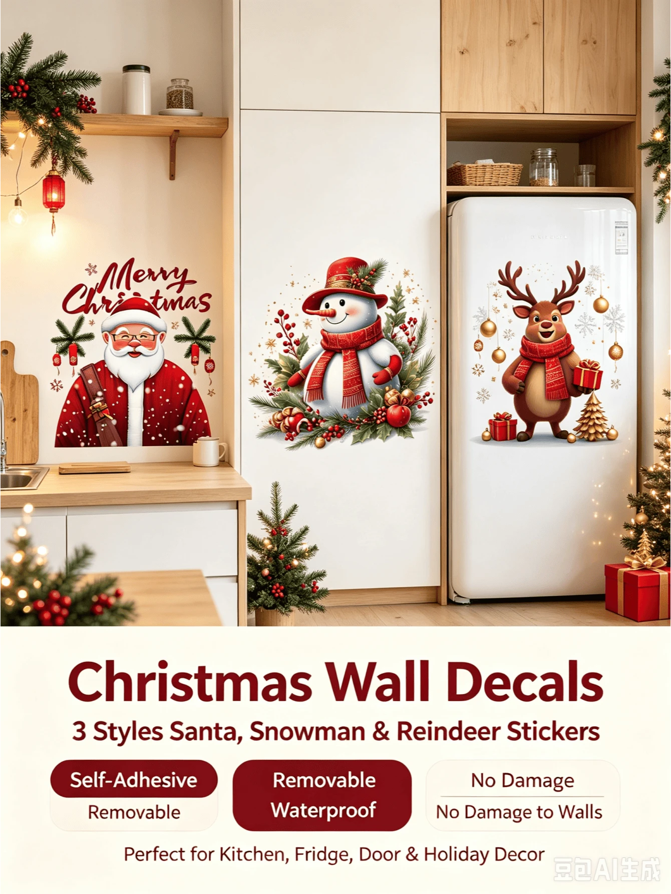 Christmas Wall Stickers Santa Claus Vintage Oil Painting Snowman Cartoon Reindeer Pattern PVC Removable Stickers For Fridge, Kitchen Cabinet, Living Room, Hallway Christmas Party Home Atmosphere Decoration - Wall Stickers - View 1