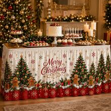 Elegant Christmas Tablecloth, Merry Christmas Print Tablecloth With Christmas Tree, Gingerbread Man, Snowflake, Pine Branch And Gift Elements, Cozy Holiday Party Decoration, Suitable For Family Dinner, Holiday Home Decor - A - View 7