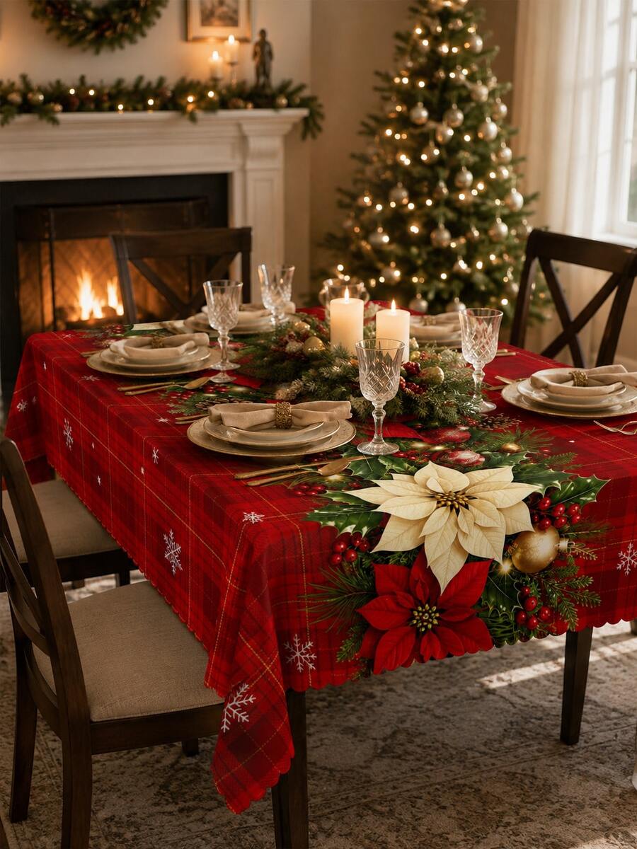 1pc Red Plaid Christmas Tablecloth, Printed With Poinsettia, Snowflake, Decorative Ball And Pine Cone Patterns; Suitable For Christmas Party And Home Dining Table Decoration. - Multicolor - View 1
