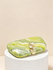 1件裝奢華綠色大理石紋理方型手拿包，金色葉飾框架硬殼晚宴包，正裝禮服用奢華迷你單肩包 - 黃色 - 查看 4