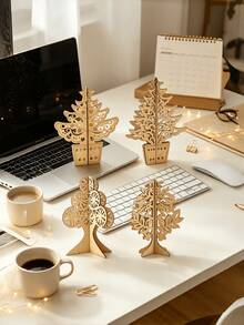 1pc Christmas Tree Ornament, New Wooden 3D Christmas Decoration Craft Hollow Carved Desktop Christmas Tree Ornament - Wood Color - View 7