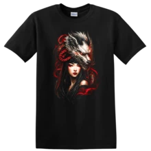 Japanese Style Dragon Woman T Shirt Fantasy Art Graphic Tee Asian Culture - 黑色的 - 查看 1