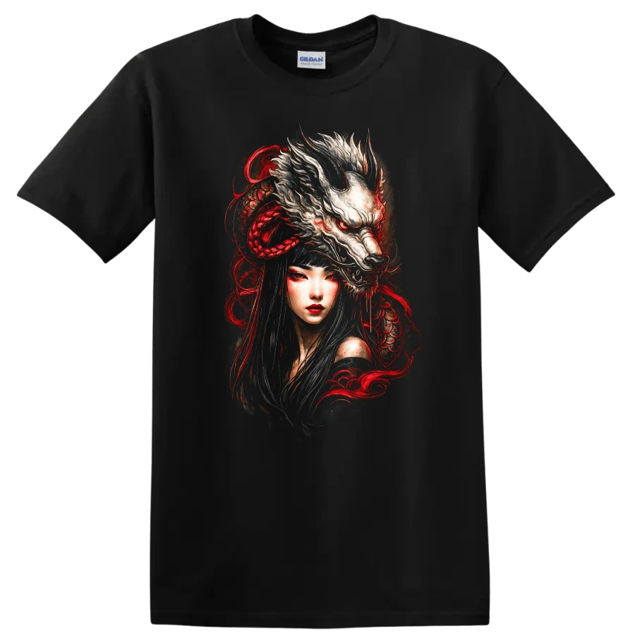 Japanese Style Dragon Woman T Shirt Fantasy Art Graphic Tee Asian Culture - 黑色的 - 查看 1