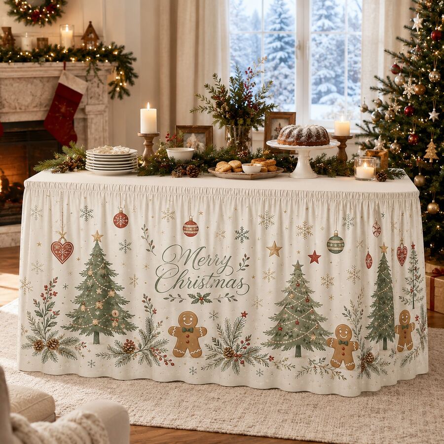 Christmas Table Skirt, Printed With Merry Christmas Pattern, Farmhouse Style Holiday Decor, Featuring Christmas Tree, Gingerbread Man, Snowflake And Pine Branch Designs, Comfortable Polyester Tablecloth, Suitable For Christmas Dinner Party, Family Gathering, Kitchen And Home Decor - A - View 1