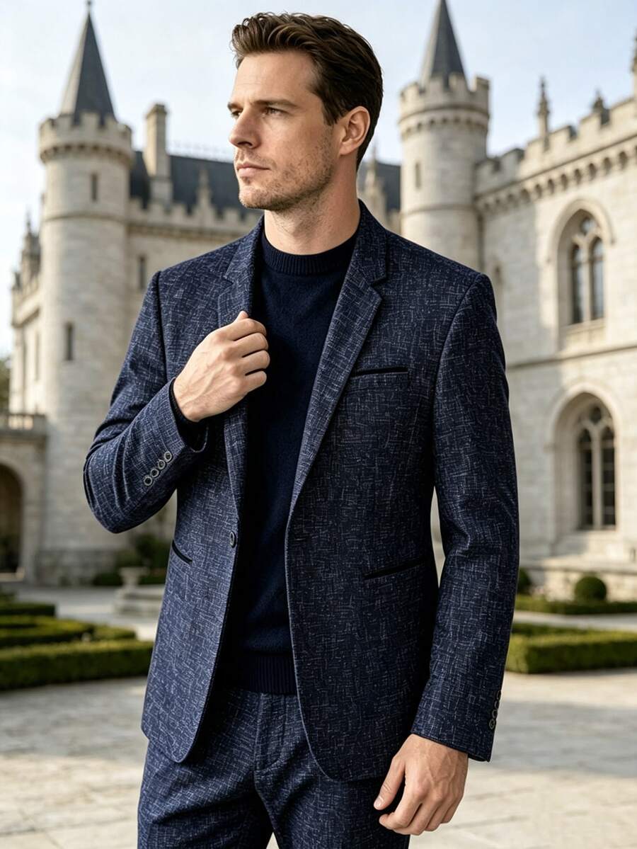 Blazer Pria Bertekstur, Jaket Jas Kasual Formal Kancing Tunggal, Cocok untuk Perjalanan Bisnis, Pesta, Kencan, dan Acara Rekreasi - Biru - View 1