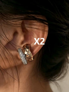 Punk Style Gold And Silver Non-Pierced Thick Round Clip-On Earrings, Stackable Ear Clip Set, Luxury Textured Old Money Style Jewelry, Featuring Hammered Embossed Metal Texture And Densely Set Sparkling Rhinestone Design, Suitable For Daily Commute, Evening Party, Date And Business Occasions, No-Ear-Piercing Wearers Can Create Stacked Looks, High-Quality Accessory, Perfect Birthday And Holiday Gift For Best Friends (Single Ear Clip Is In Open State, Gently Press Towards The Center To Achieve The Pictured Style) - Diamond Earrings - View 10
