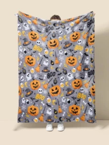 萬聖節披毯，柔軟絨毛巫師帽蝙蝠幽靈南瓜圖案，舒適法蘭絨灰色萬聖節裝飾毯，適用派對沙發床鋪客廳 - 彩色 - 查看 8