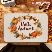 1/2件裝秋季門墊 Hello Autumn 主題法蘭絨地墊，舒適柔軟吸水防滑可機洗，多功能地板墊，適用於玄關、客廳、廚房、浴室、臥室、陽台，感恩節秋季裝飾，圓形花環圖案含南瓜、松果、楓葉、松枝元素 - 彩色 - 查看 2