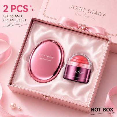 JOJO DIARY 2 PIEZAS/Set de BB Cream con Cojín de Aire + Bola de Rubor Multifuncional, Ajuste Natural, Oculta Fácilmente Imperfecciones Faciales, Rubor Tono Manzana de Alta Saturación, Color Duradero, Difícil de Desvanecer, Caja de Regalo de Maquillaje Esencial
