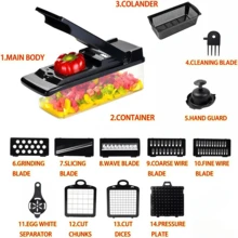 Multifunctional 14-In-1 Manual Vegetable Chopper Black, Integrated Cutting Board Set With Multiple Replacement Blades, Colander And Sealed Collection Box, Efficiently Chop Onions And Garlic, Slice Potatoes And Carrots, Ergonomic Labor-Saving Design, Compact Kitchen Tool For Home Cooking, Outdoor Picnic And BBQ Meal Prep, Easy To Clean With No Residue And Space-Saving Storage - Black - View 6