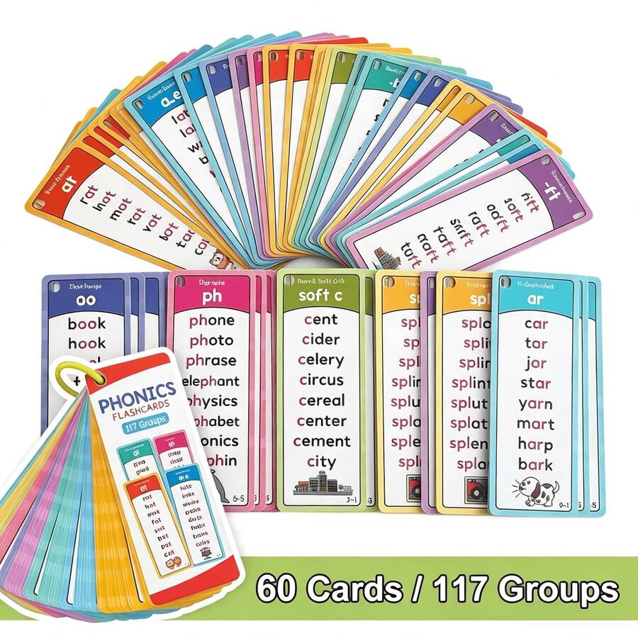 Phonics 拼讀閃卡套裝 60張 117個發音組，顏色編碼音韻覺知學習閱讀卡，適合兒童幼兒園、學前教育、在家學習、教室閱讀教育，聖誕節、萬聖節