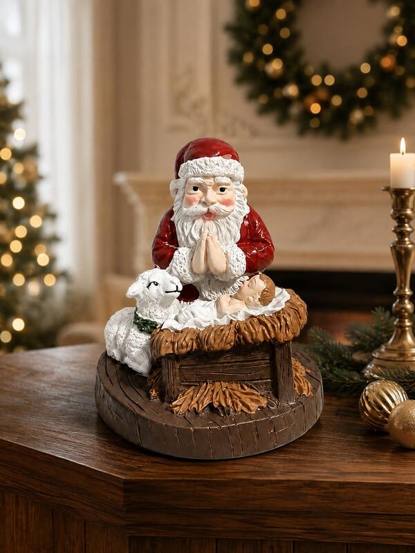 Santa Claus Praying With Baby Jesus Nativity Scene Decor, Christian Christmas Tabletop Ornament With Lamb And Manger, Religious Holiday Home Decoration For Shelf Mantel Desk Living Room