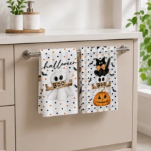 萬聖節廚房手巾 (2件裝)，印有俏皮黑貓、南瓜和幽靈圖案及「Boo!」文字，聚酯纖維材質；適用於客用手巾、浴室毛巾或臉巾 - 彩色 - 查看 7