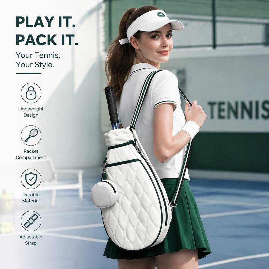 Sporty White Quilted Tennis Racket Bag, Waterproof Oxford Cloth One Shoulder Crossbody Tote Bag, With Independent Racket Compartment, Ball Pocket And Adjustable Shoulder Strap, Breathable Back, Multi-Pocket Design, Suitable For Outdoor Fitness