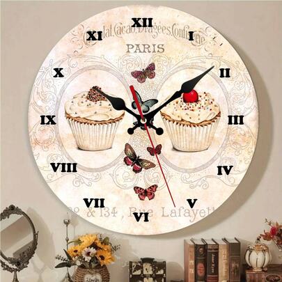 2D,10-12inch, Vintage Paris Style Cupcake Butterfly Pattern Wall Clock Silent Non Ticking Roman Numerals Round Wall Clock For Kitchen Living Room Bedroom Home Decor Art Clock ,Room Decor,Wal,Fall Decor,Home Decor,Room Decor For Women,Christmas