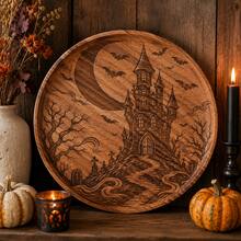 1pc Halloween Walnut Wood Carved Round Wooden Plate, Western Style Dinner Plate, Steak Plate, Candy Plate, Fruit Plate, Solid Wood Pizza Board, Tray, Holiday Decoration Tray - View 4