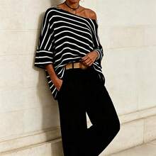 Women's Spring Summer Autumn Striped Asymmetrical Shoulder Batwing Sleeve Loose Casual Top Suitable For Daily Outings Indoor Commuting - Black - View 1