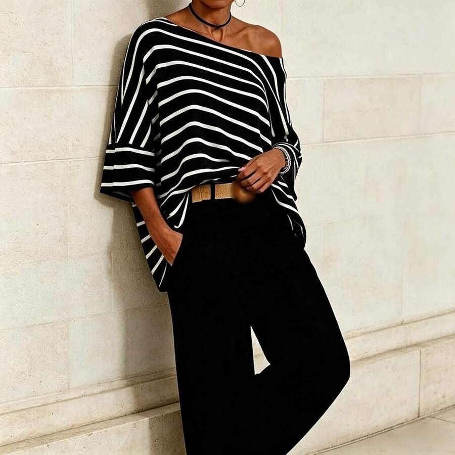 Women's Spring Summer Autumn Striped Asymmetrical Shoulder Batwing Sleeve Loose Casual Top Suitable For Daily Outings Indoor Commuting - Black - View 1