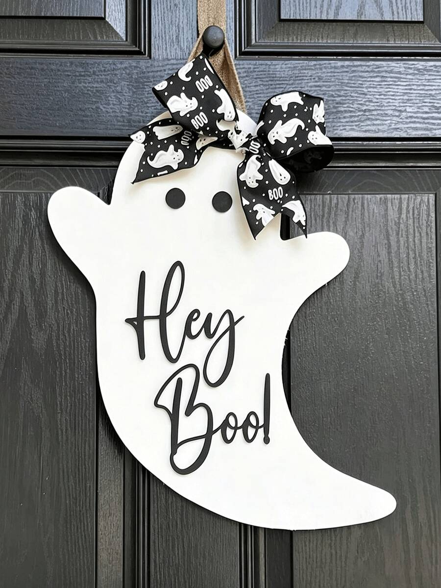 1pc Wooden Halloween Ghost Door Hanging Decor, Cute Bow Decoration, Suitable For Front Door Wall, Spooky Home Entryway Decoration, Indoor/Outdoor Farmhouse Country Style Halloween Decor, Suitable For Porch Living Room, Autumn Holiday Party Supplies - Multiple Styles - View 1