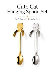 1pc Cute Cat Hanging Coffee Spoon, Stainless Steel Dessert Tea Stirring Spoon - View 5