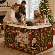 Christmas Table Skirt, Printed With Santa Claus, Fireplace And Tree Pattern, Warm Holiday Blessing Polyester Fabric Tablecloth, Comfortable Christmas Party Decoration, Suitable For Dining Room, Home Gathering, Winter Home Decor - A - View 10