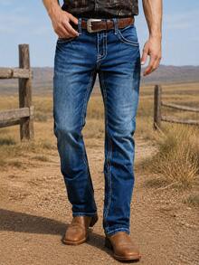 American Western Ranch Style Deep Blue Denim Jeans, Contrast Stitching Back Pockets With Diamond Embroidery, Stretch Slim Straight Leg Vintage Casual Denim Pants For Men - Blue - View 1