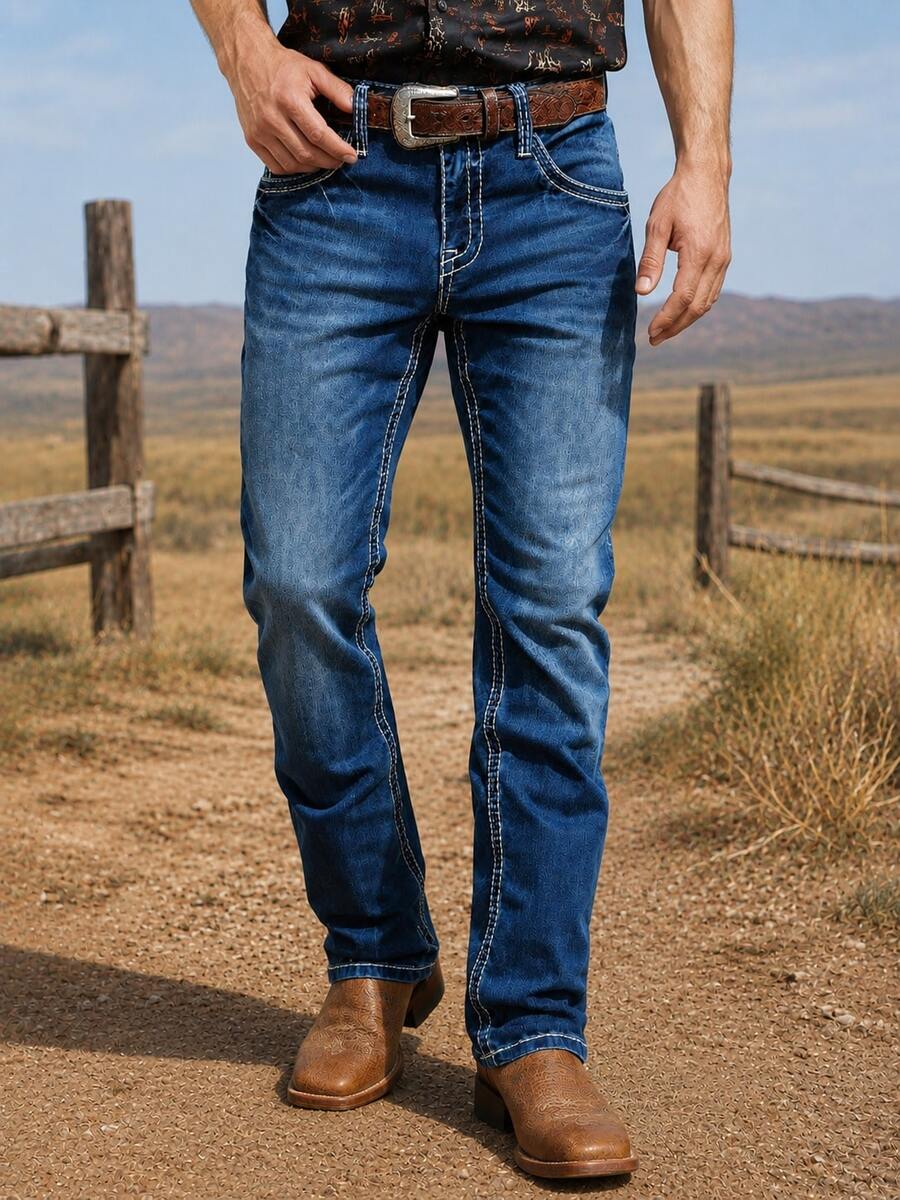 American Western Ranch Style Deep Blue Denim Jeans, Contrast Stitching Back Pockets With Diamond Embroidery, Stretch Slim Straight Leg Vintage Casual Denim Pants For Men - Blue - View 1