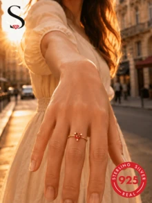 SereneSpark 1件925纯银可调节宝石链戒指，精致女士饰品 - 紅心 - 查看 2