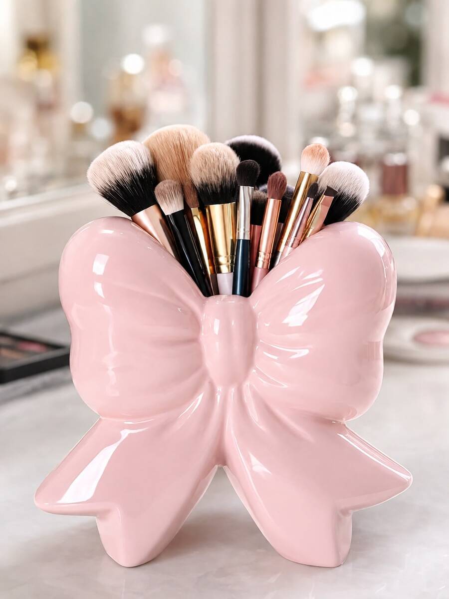 1pc Large Capacity Makeup Brush Holder, Cute Bow Design Makeup Tool Storage Box, Pen Holder, Desktop Decor, Gift For Women, Suitable For Bedroom, Bathroom, Office - Multicolor - View 1
