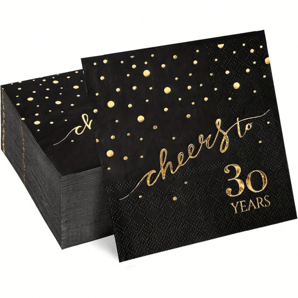 20 st födelsedagsservetter, 30/40/50/60/70 år, 3-lagers cocktailservetter 5x5 tum, födelsedagsdekoration, bröllops- och jubileumsservetter, elegant guldfont på svart bakgrund