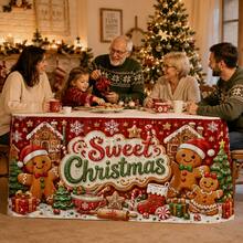 Cute Christmas Table Skirt, Sweet Christmas Gingerbread Man Print Tablecloth, Featuring Gingerbread House, Candy Cane, Snowflake, Christmas Tree And Gift Design, Holiday Party Decoration, Suitable For Family Dinner And Home Decor - A - View 8