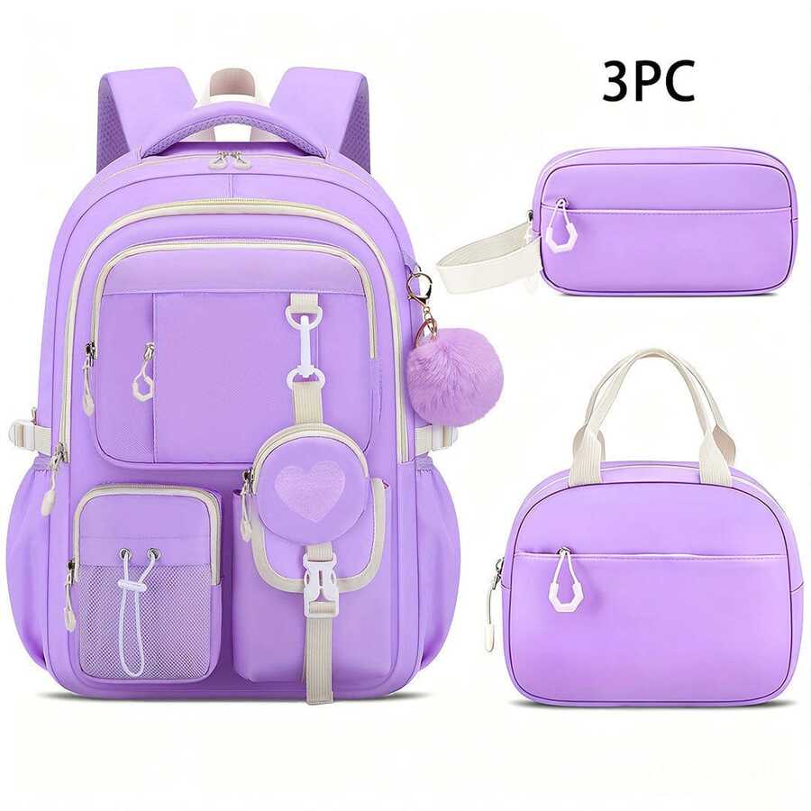 2 Pieces Minimalist Color-Block Heart-Shaped Small Round Bag Decorative Backpack Set, School Commute Youth Backpack Combination - Sets - View 1