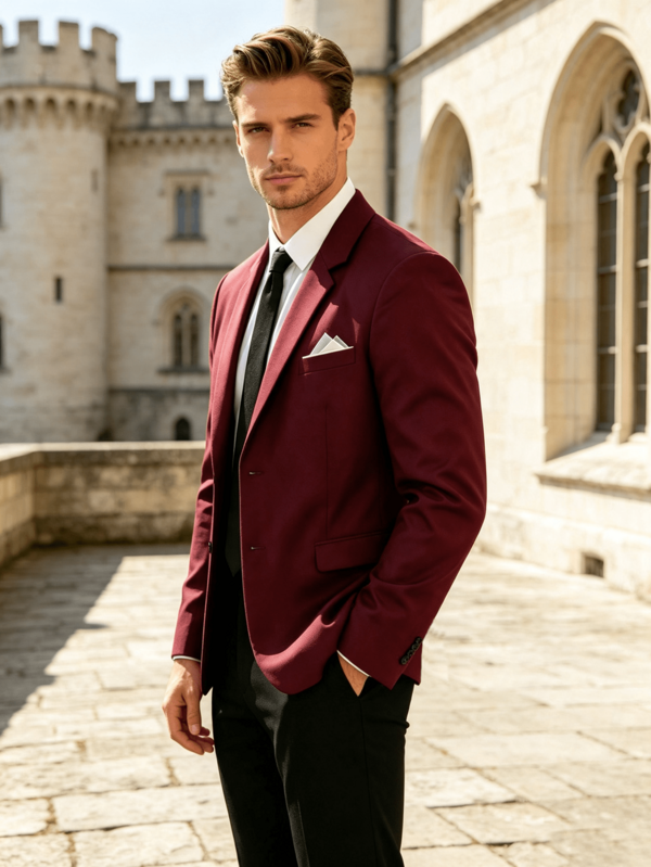 Men's Classic Burgundy Slim Fit Single-Breasted Blazer, Formal Business Office Party Casual Suit Jacket
