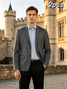 Elegant Men's Luxury 2 Pieces Suit, Grey Slim Fit Single-Breasted Double-Button Notch Lapel Blazer With Black Dress Pants, Sophisticated Business Formal Outfit For Office, Banquet, Wedding And Ceremony - Multicolor - View 2
