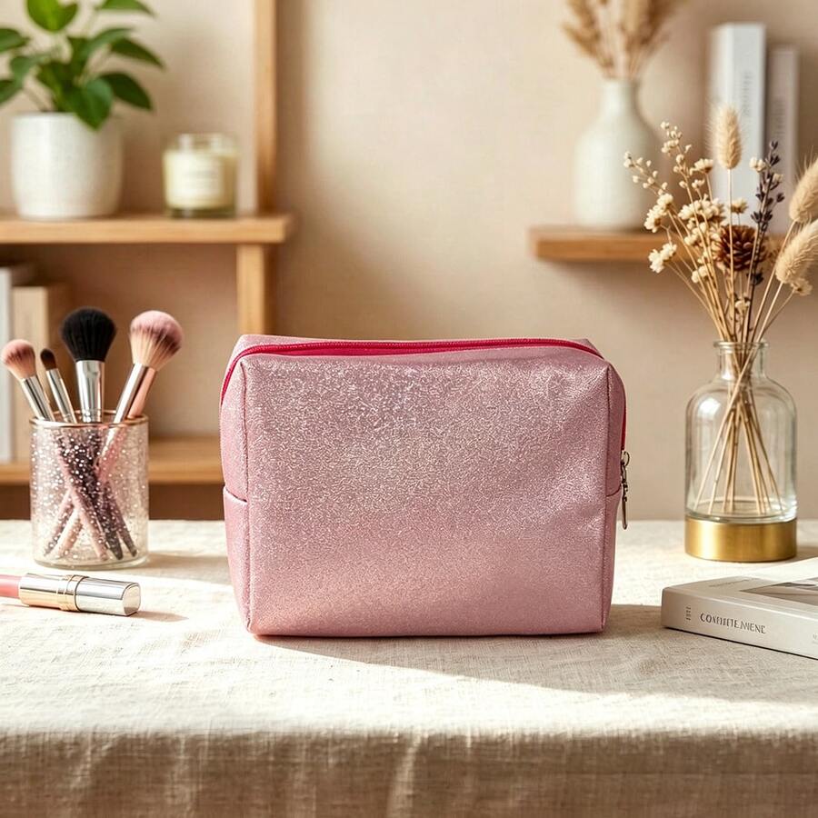 1pc Glitter Octagonal Makeup Bag, Travel & Business Trip Cosmetic Storage Bag, Women's Portable Makeup Organizer, Commute & Work Handheld Cosmetic Bag, Portable Clutch Bag For Personal Items - Pink - View 1