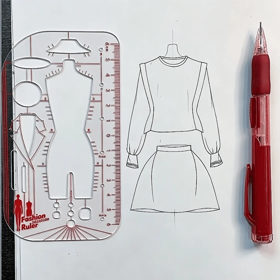 1pc/2pcs Fashion Template Ruler, Fashion Design Style Figure Body Template Ruler, Red & White With Measurement Markings, Suitable For Tailoring And Handmade Crafts - Transparent - View 1