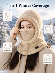 Women's 4-In-1 Winter Hooded Balaclava Face Mask, Adjustable Drawstring Neck And Ear Warmer, Solid Color Pullover Ski Hat, Suitable For Cycling, Skiing, Snowboarding, Hiking, Camping, Commuting, Traveling And Outdoor Cold Weather Accessories - One Size Fits All - View 3