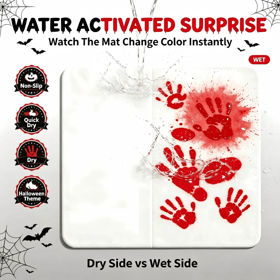 Keset Kamar Mandi Merah yang Berubah Warna Saat Terkena Air, Karpet Dekoratif Bermotif Jejak Kaki dan Telapak Tangan Berwarna-warni yang Menyeramkan - A - View 1