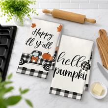 2PCS Kitchen Towels Autumn Black & White Plaid Pumpkin Truck Pattern, Pastoral Farm Style Microfiber Material Soft Kitchen Towels Dish Cloths, Hand Towels, Tablecloths, Kitchen Decor, Kitchen Cleaning, Bathroom Cleaning, Holiday Party Decor, Kitchen & Bathroom Supplies Home Essentials, Home Decor, Housewarming Gift - Black and White - View 5