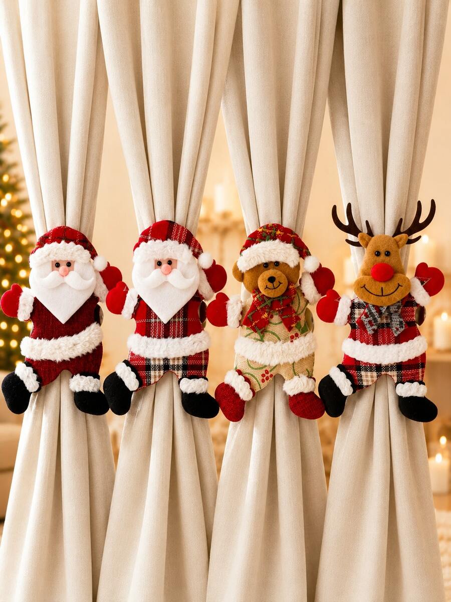 Christmas Curtain Tiebacks, Santa Claus Reindeer Bear Curtain Clips, Festive Holiday Drapery Holdbacks For Window Curtains, Christmas Home Decor, Easy Curtain Organizer, Random Pattern Placement - Multicolor - View 1
