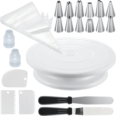 Bộ 130 dụng cụ trang trí bánh, gồm bàn xoay bánh 11 inch, 110 túi bắt kem dày 9.8 inch, 12 đầu bắt kem, xẻng phết bánh và các dụng cụ bắt kem khác, phù hợp làm bánh tại nhà, DIY kem bơ