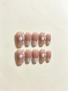 10pcs Handmade Nude French Manicure Nail Tips, 3D Bow Pearl Gold Foil Design Short Reusable Fake Nails, Suitable For Women - Multicolor - View 1