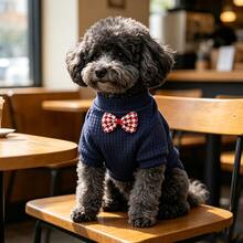 1pc Waffle Knit Pet Shirt With Gentleman Bow Tie, Suitable For Poodle, Teddy, Maltese Puppy And Cat - Navy Blue - View 5