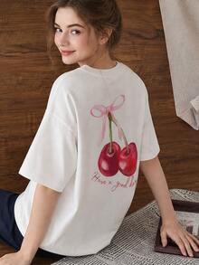 Women's Casual Short Sleeve Round Neck Cherry Print T-Shirt For Summer - 白色 - 查看 1