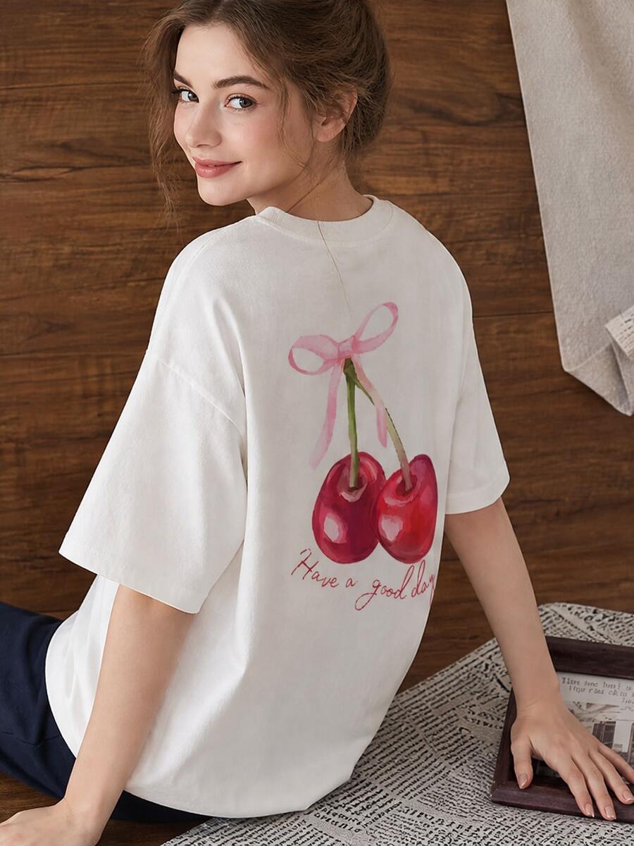 Women's Casual Short Sleeve Round Neck Cherry Print T-Shirt For Summer - 白色 - 查看 1