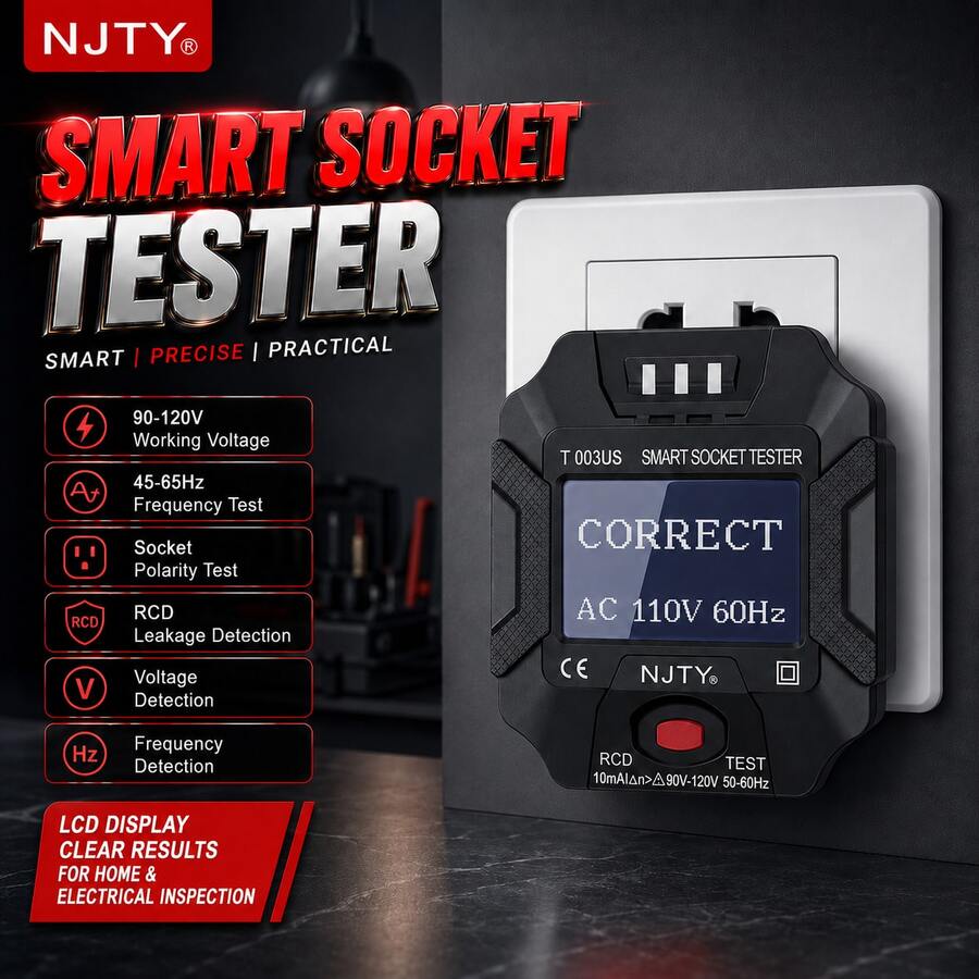 NJTY Socket Tester Voltage Tester Socket Detector EU/UK/US Plug Grounding Neutral Phase Polarity Check Digital AC Voltage Test