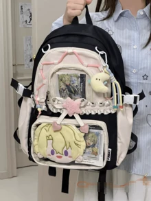 1件甜美女孩時尚後背包，蕾絲抽繩設計展現精緻優雅，日系校園風大容量學生背包，雙隔層多口袋拼色設計，高品質輕量學生肩背包，日系動漫可愛DIY痛包透明裝飾包 - 黑色 - 查看 9
