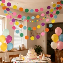 3pcs 7-Color Paper Round Dot Garland (Includes 6 Self-Adhesive Hooks), Colorful Banner Hanging Rainbow Theme Decoration, Suitable For Birthday Party, Wedding, Camping, Christmas, Various Celebrations, Party Garland (Random Color) - View 1
