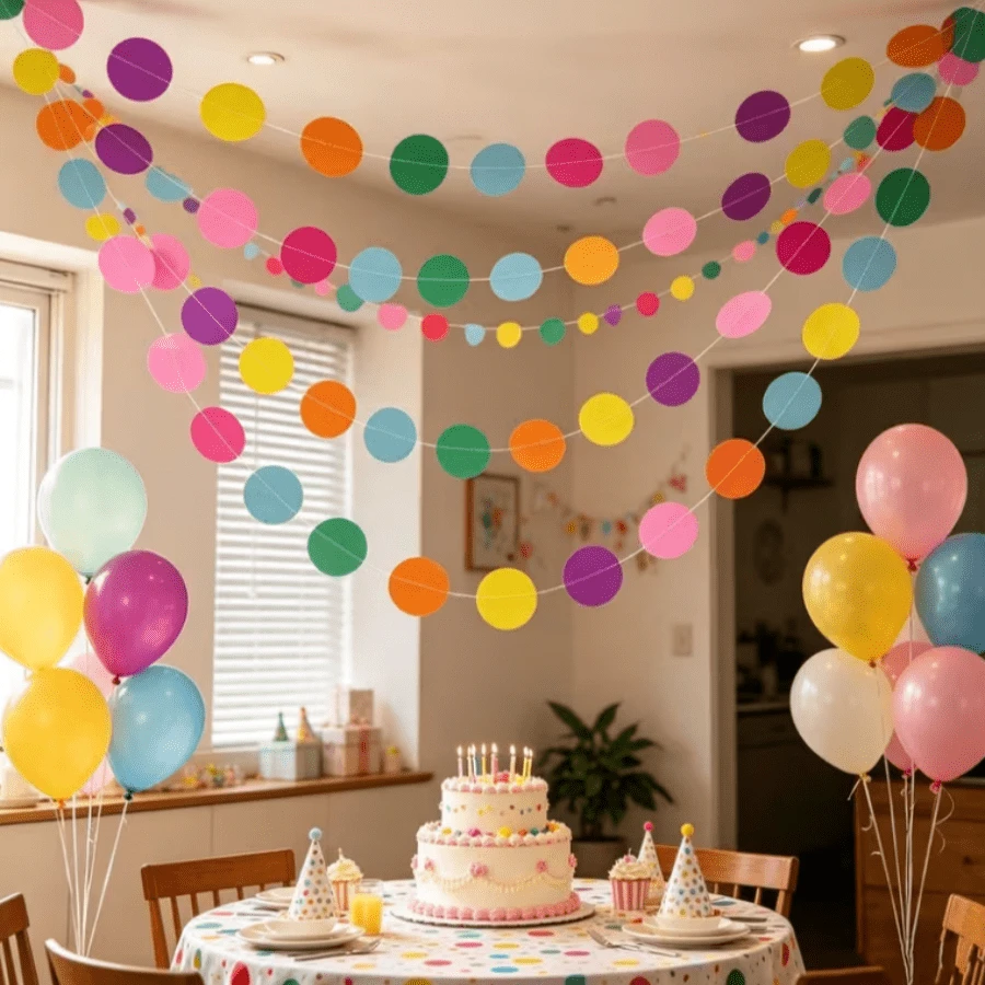 3pcs 7-Color Paper Round Dot Garland (Includes 6 Self-Adhesive Hooks), Colorful Banner Hanging Rainbow Theme Decoration, Suitable For Birthday Party, Wedding, Camping, Christmas, Various Celebrations, Party Garland (Random Color) - View 1